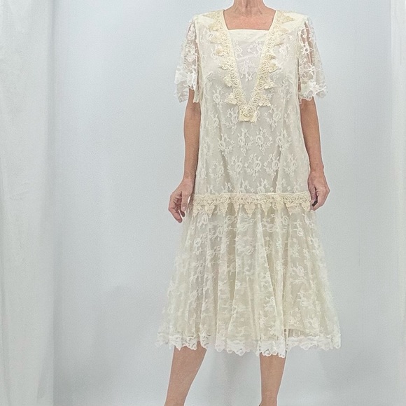 Vintage 80s Victorian Flapper Roaring 20s Wedding Cosplay Lace Drop Waist Dress - Picture 15 of 15